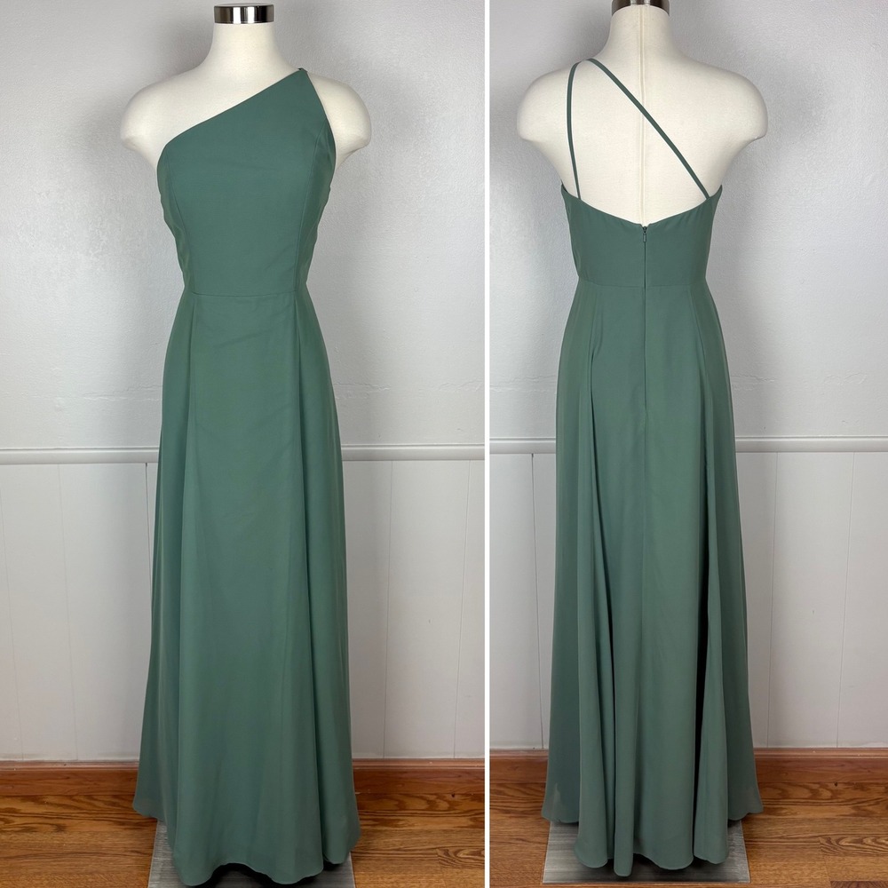 Jenny Yoo Kora One Shoulder Maxi Gown Size 10 Eucalyptus Green Chiffon Elegant‎